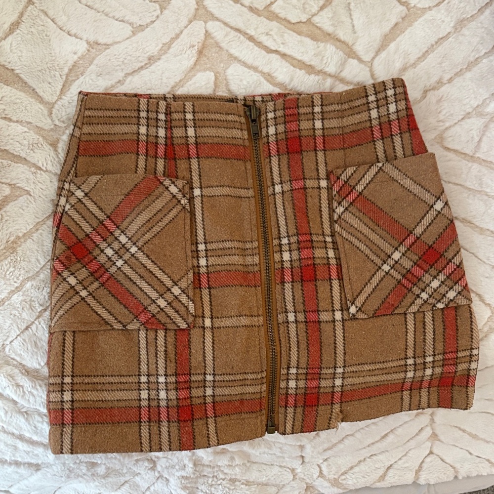 Honey Punch Tan and Red Plaid Mini Skirt